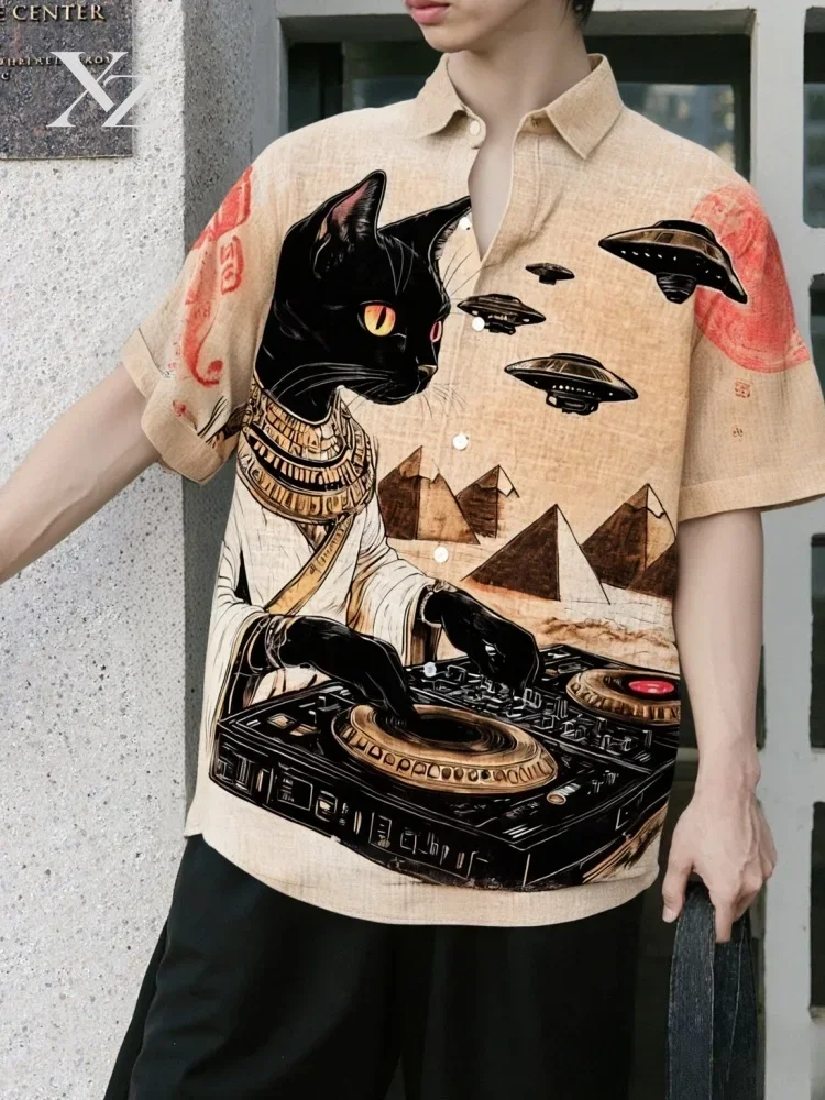 Men's Egyptian Cat DJ UFO Art Print Short Sleeve Shirt Japanese Harajuku Korean Retro Old School Streetwear Tops