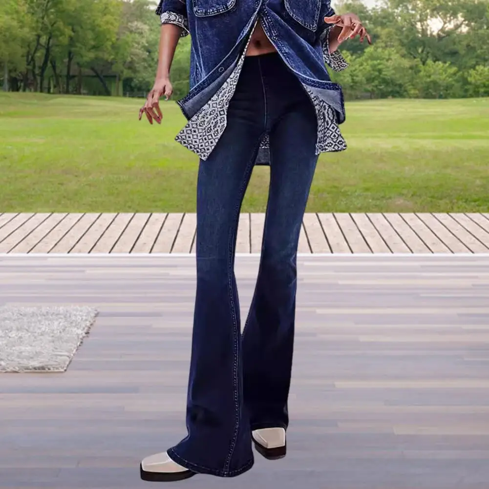 Solid Color Denim Trousers Stylish Flared Leg Denim Pants for Women Mid Waist Solid Color Jeans with Elastic Fit for Travel Wear
