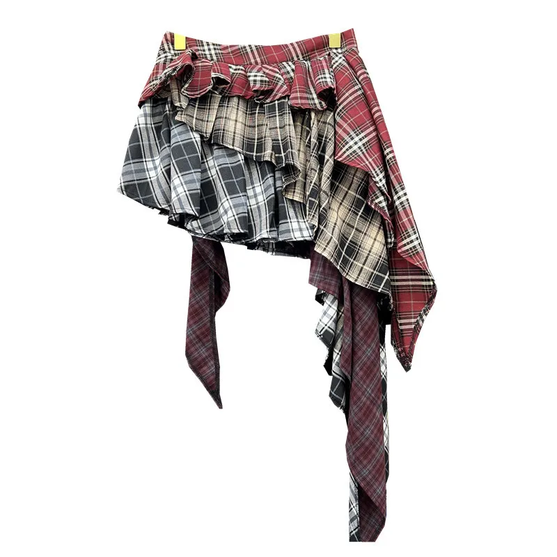 

Niche splicing plaid design skirt children's summer new irregular contrasting color medium and long skirt ins