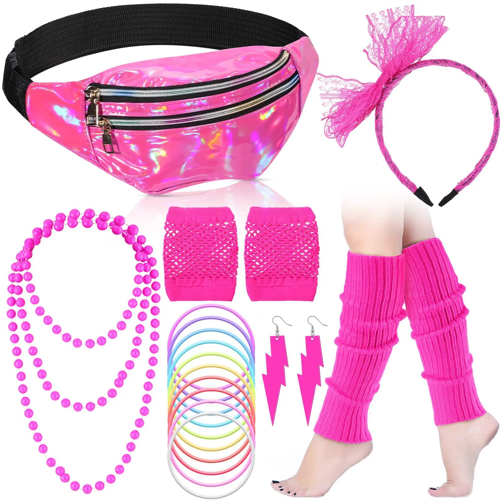 80s Costume Accessories Women Leg Warmers Lace Headband Earrings Gloves Necklace Bracelet Halloween Cosplay Suit