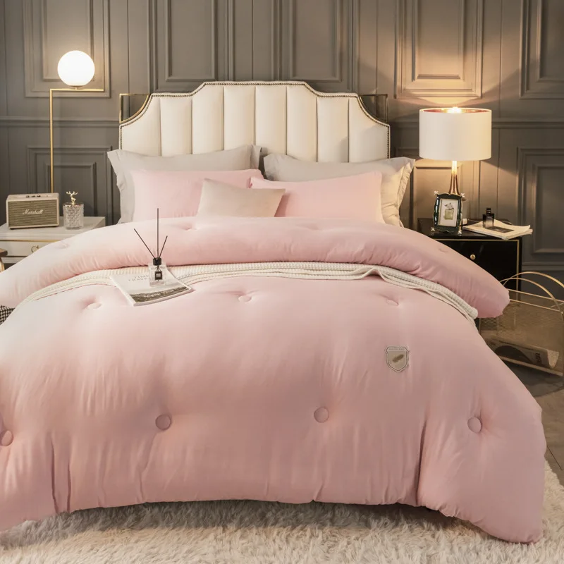 

New Pure Color Washed Cotton Quilt Thickened for Spring Autumn And Winter Single Double Size Dormitory Pink Women's Style