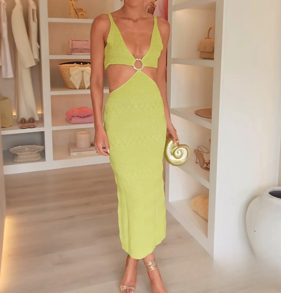 KONDALA-Donna Sexy Maglia Cami Dress Hollow-Out Profondo Scollo a V Sottile Abito Lungo 2025 Moda Estiva Elegante Vacanza Abito da Spiaggia