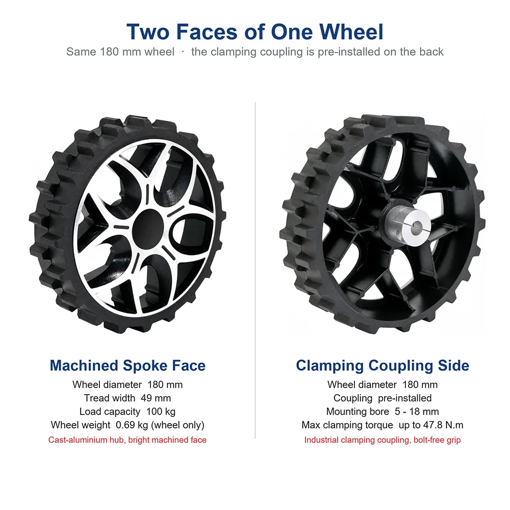 180mm Lawn Mower Solid Rubber Wheel Large Serrated Tire Anti-slip Drive Wheels with Clamping Coupler for Robot AGV ROS Chassis