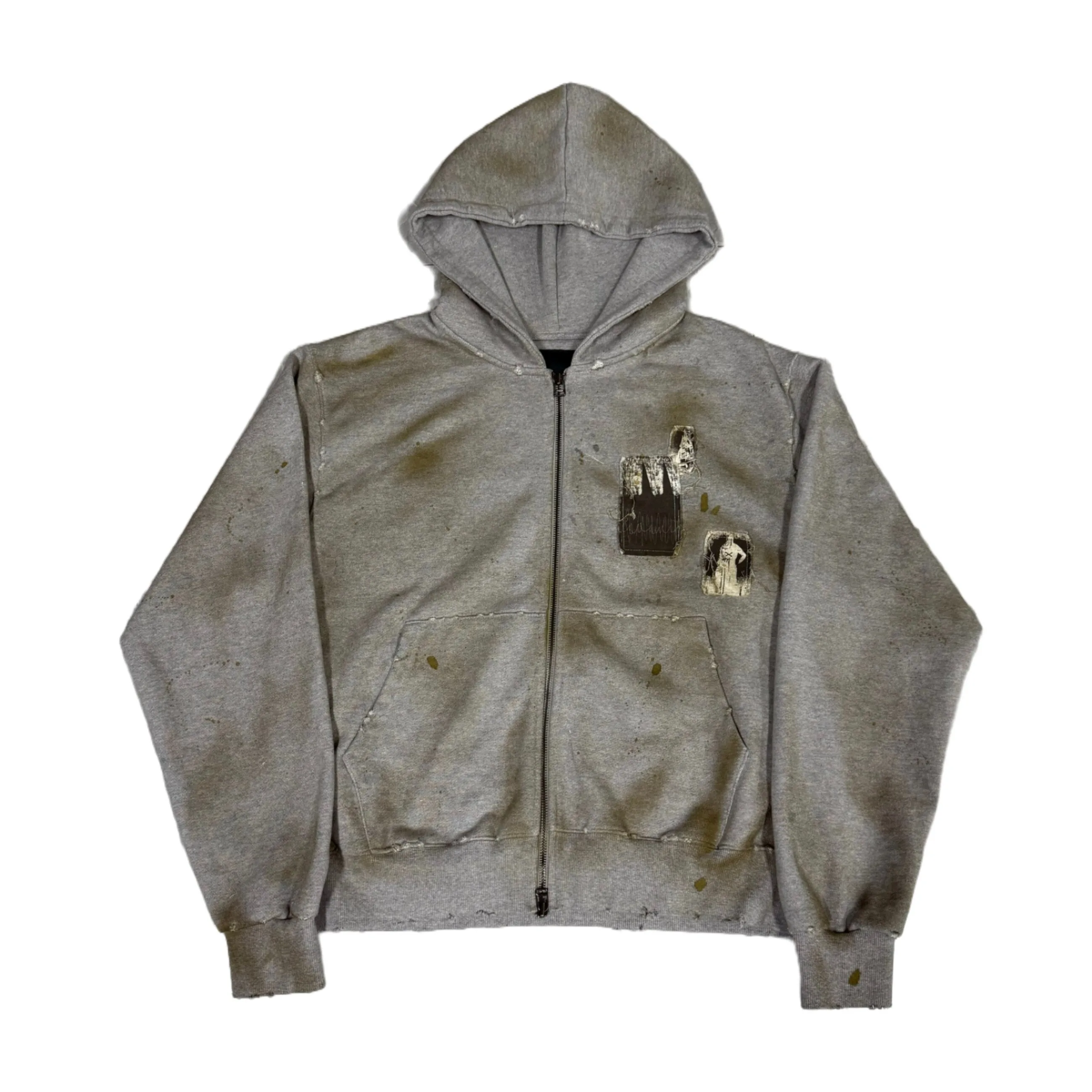 - Undermycar 24FW Aged Patch Hoodies for Men Distressed Mud Dyed Zipper Sweatshirt Jacket