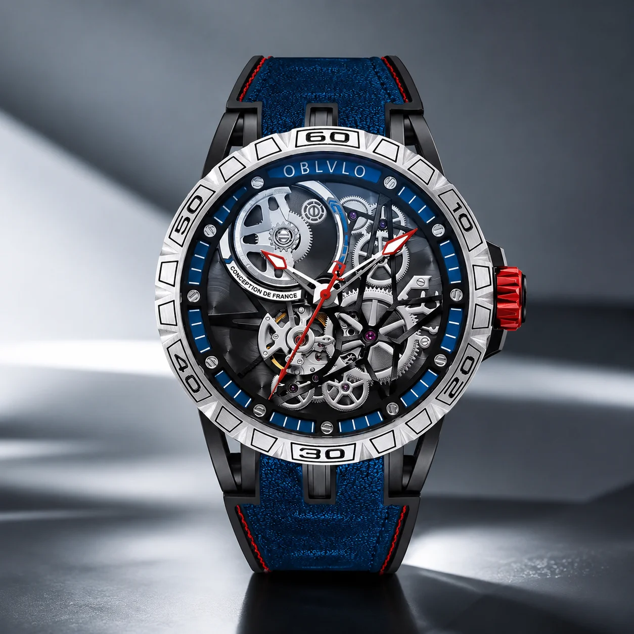 OBLVLO Men's Luxury Automatic Mechanical Watch – Skeleton Dial, Stylish Military-Inspired Design, Waterproof Rubber Strap