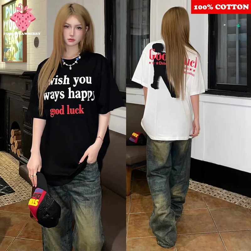 

Good Luck Letter Print T-shirt Women's Summer New Korean style Short sleeve T-shirt Loose Casual Street Y2k Top Female Clothing