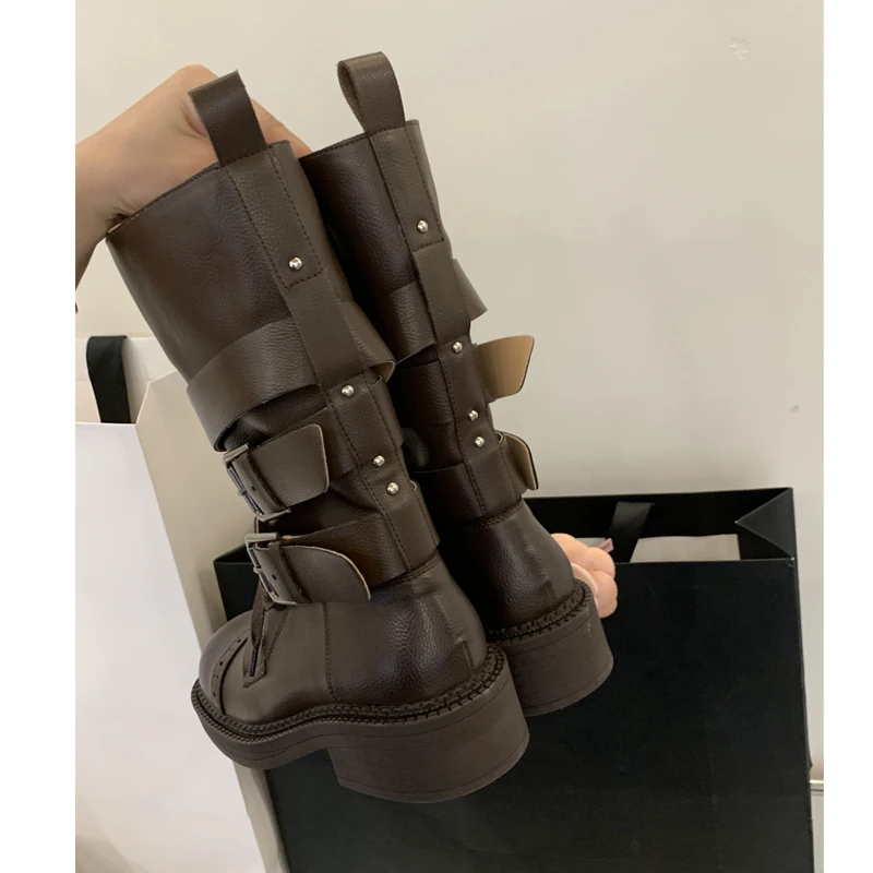 Eilyken New Design T-tied Buckle Strap Woman Ankle Boots Punk Style Round Toe Square Heels Shoes Autumn Winter Booties