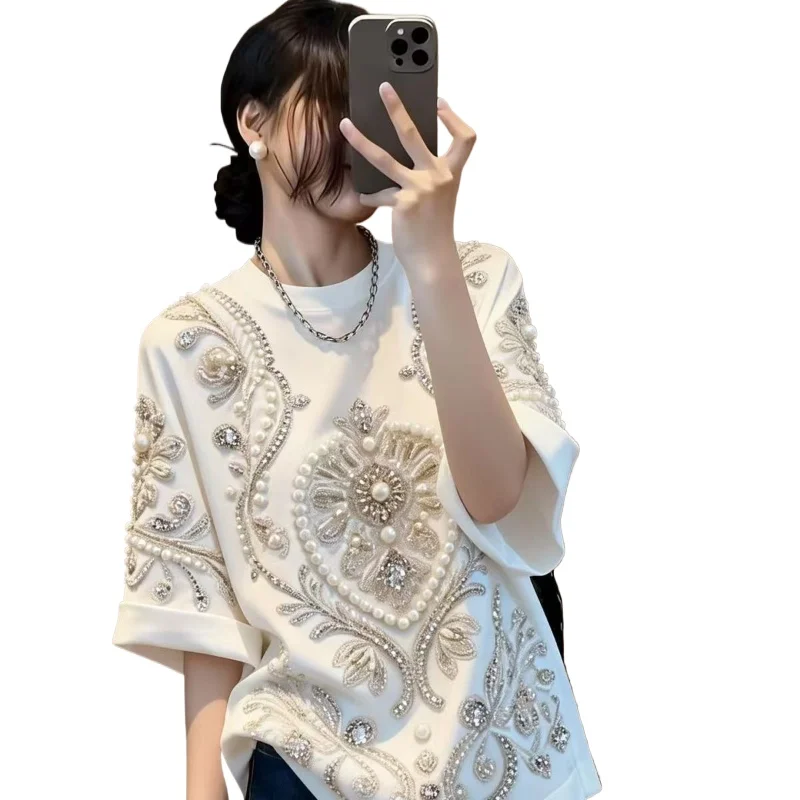 European Products Are Heavy Spring 2026 The New Temperament Flower Bead T-shirt Is High-end Wear Beautiful Top Women's Clothing