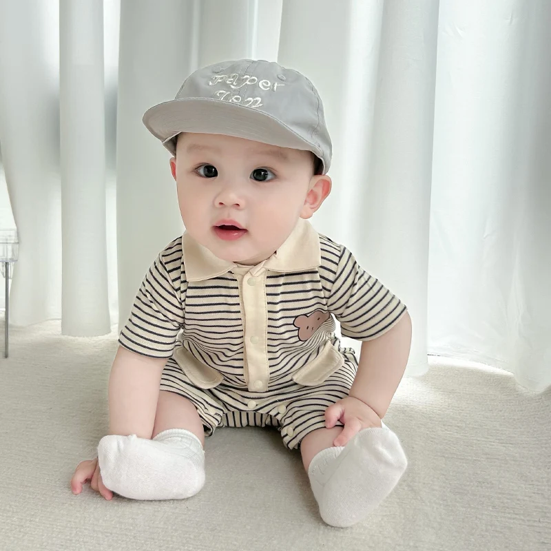 Baby summer one-piece stripesd pure cotton short-sleeved rompers for men and women, fashionable and versatile harem clothes