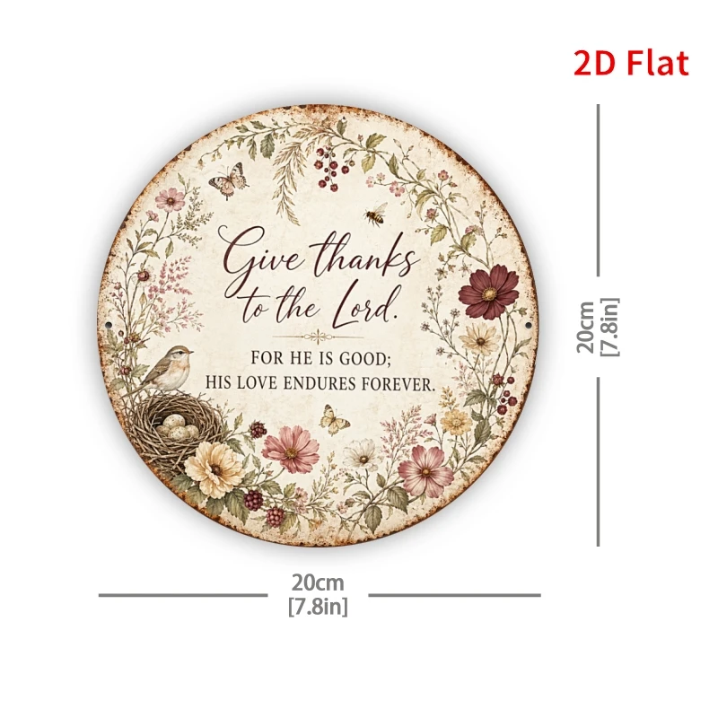 Give Thanks to The Lord Round Sign, Floral Christian Decorative Signs, Metal Wall Art for Living Room Church