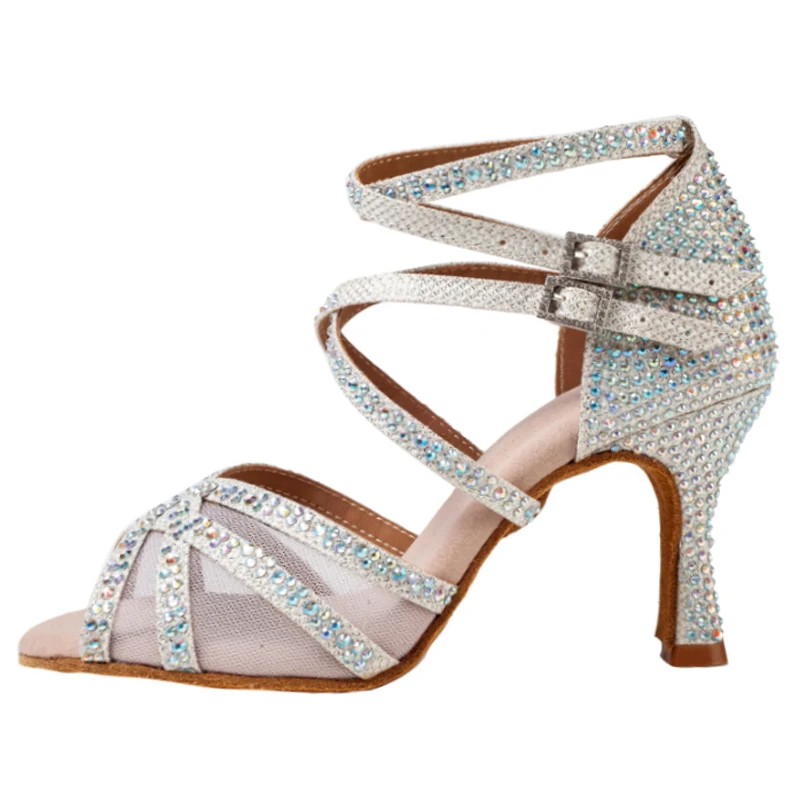 Hot New Rhinestone Latin Dance Shoes Women Salsa Tango Ballroom Party High Heels Gold Silver Girls Summer Sandals Jazz Trainers
