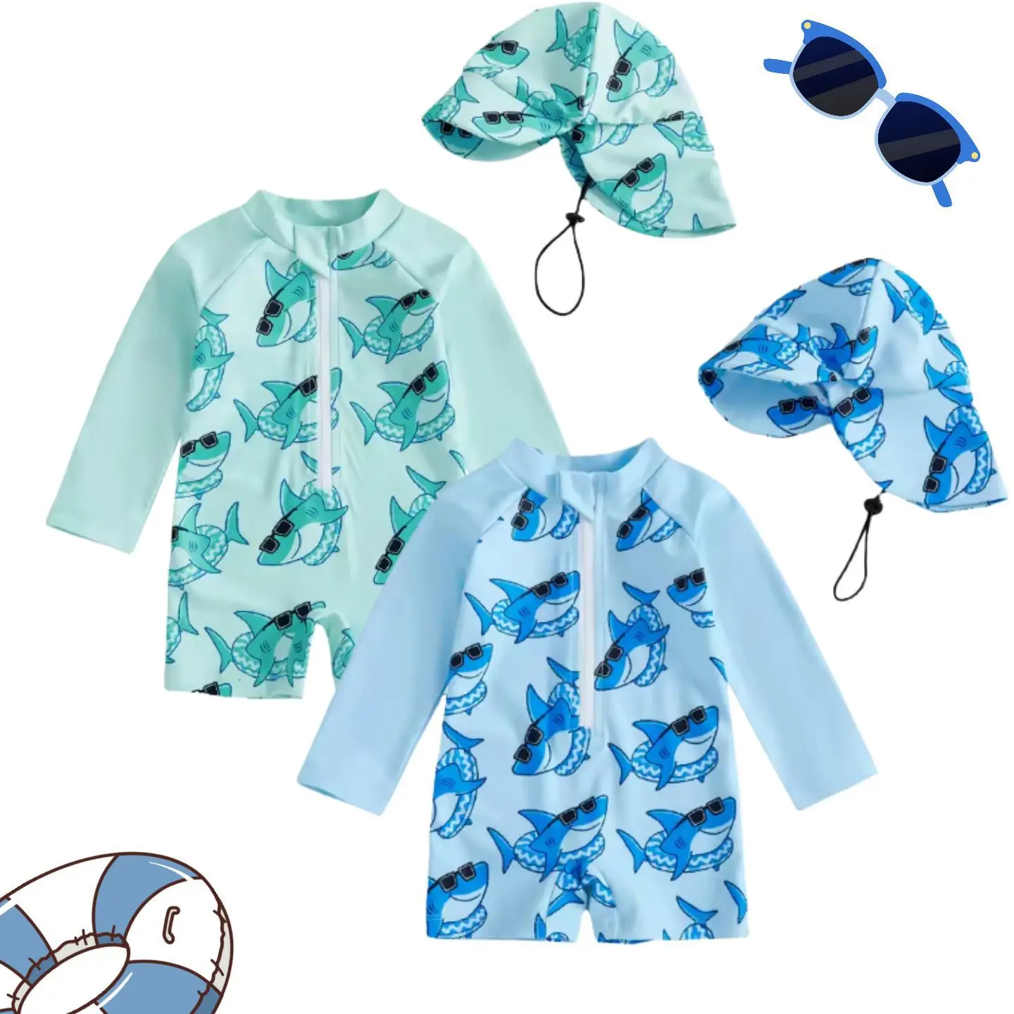 New Boys One-piece Swimsuit + Sun Hat Cute Cartoon Shark Long Sleeve Sun-protective Quick-dry Surfing Bathing Suit Baby Swimwear