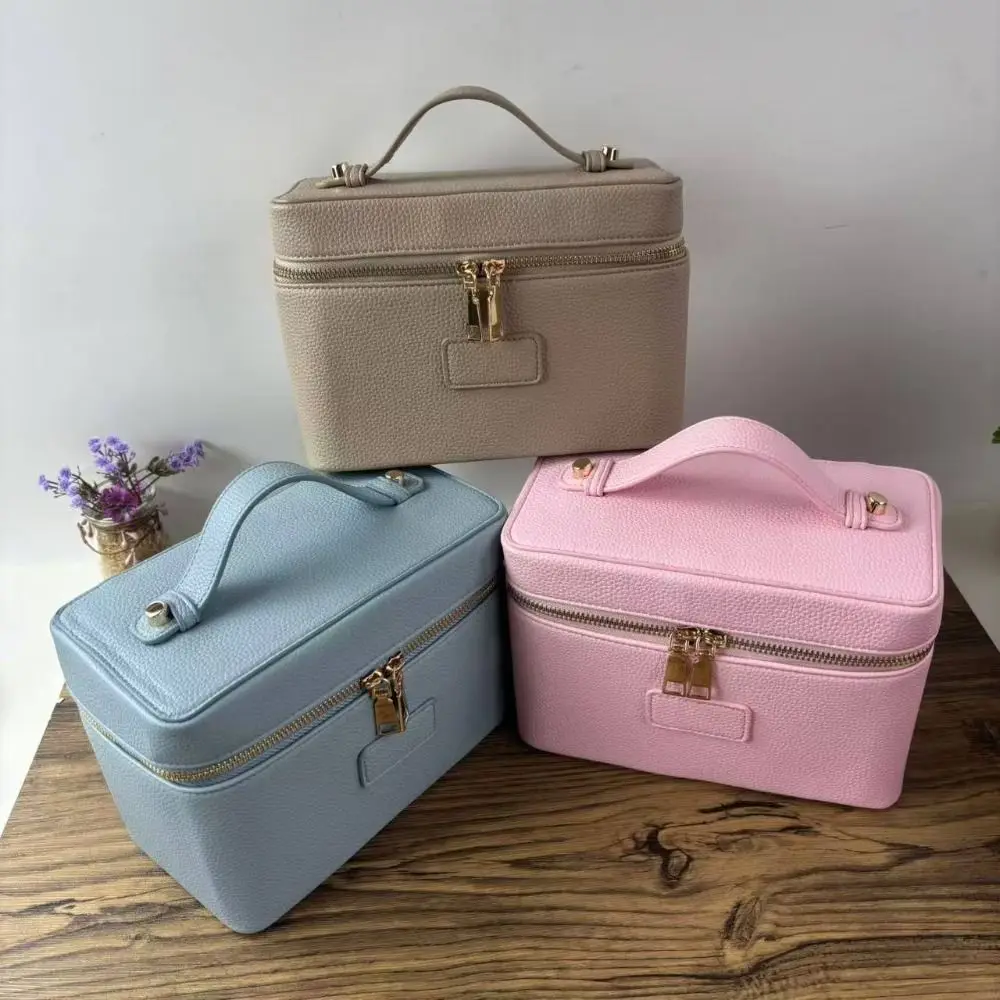 PU Leather Makeup Bag Square Shape Large Capacity Toiletry Bag Waterproof Removable Divider Lining Travel Organizer Daily Use