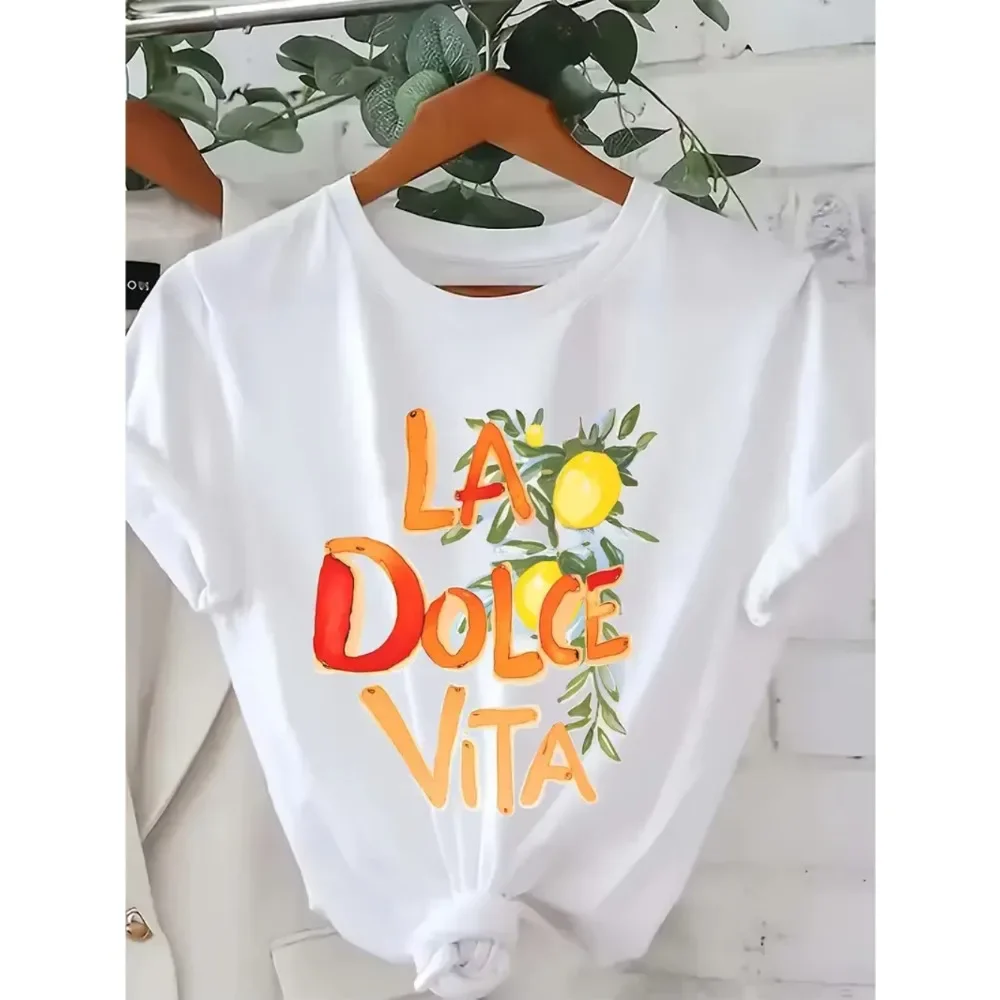 La Dolce Vita Lemon Print Short-sleeved T-shirt Men Women's Clothing Harajuku Graphic T-shirt Women's Clothing Top Personality