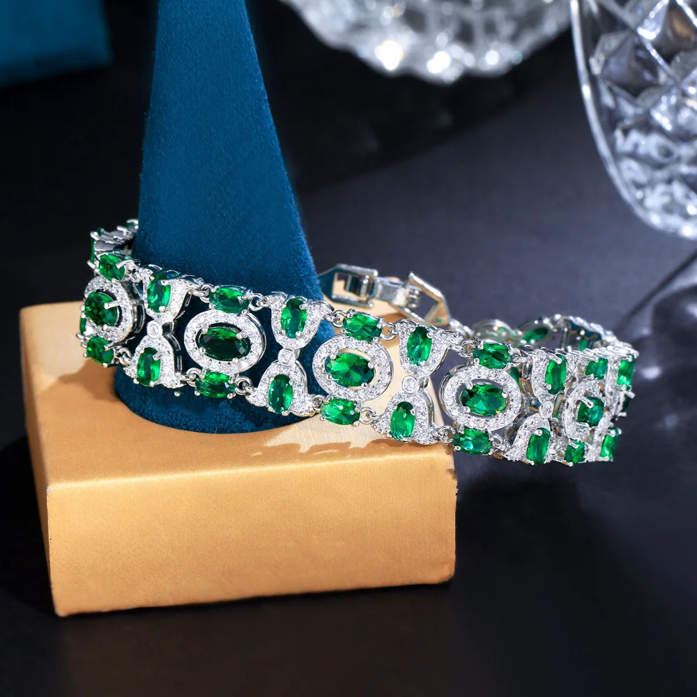 CWWZircons elegancka, świecąca, zielona, sześcienna cyrkonia, bransoletki imprezowe dla kobiet w stylu Vintage, etniczna ślubna biżuteria ślubna CB335