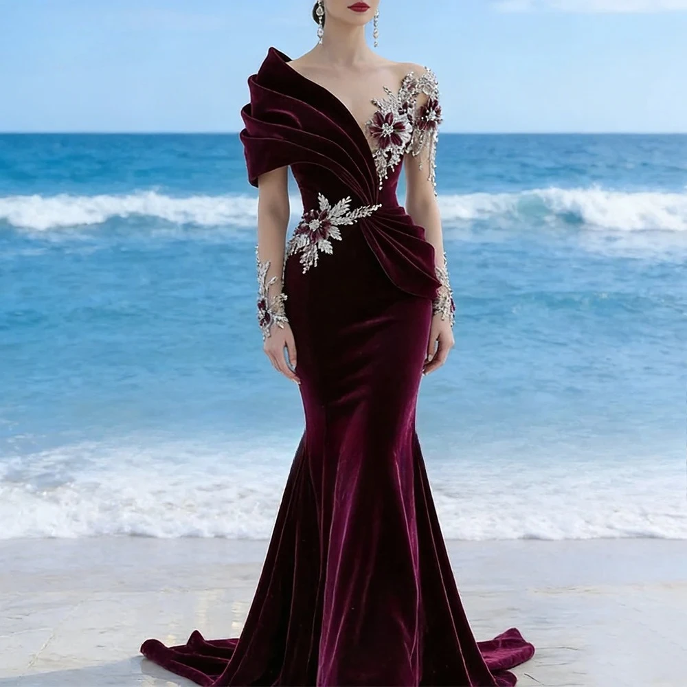 Customized Off The Shoulder Hafl Sleeves Prom Gowns with Applique Decosation Evening Dresses Mermaid Floor Lenght Dress