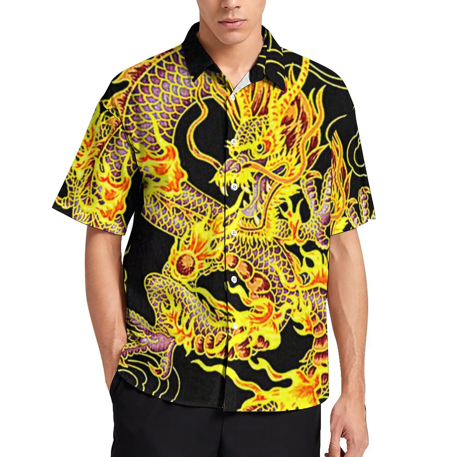 Hawaiian Dragon Pattern Men\'s Shirt Summer Oversized Short Sleeve Elegant Dress Casual Breathable Camping Dazn Gothic Clothes