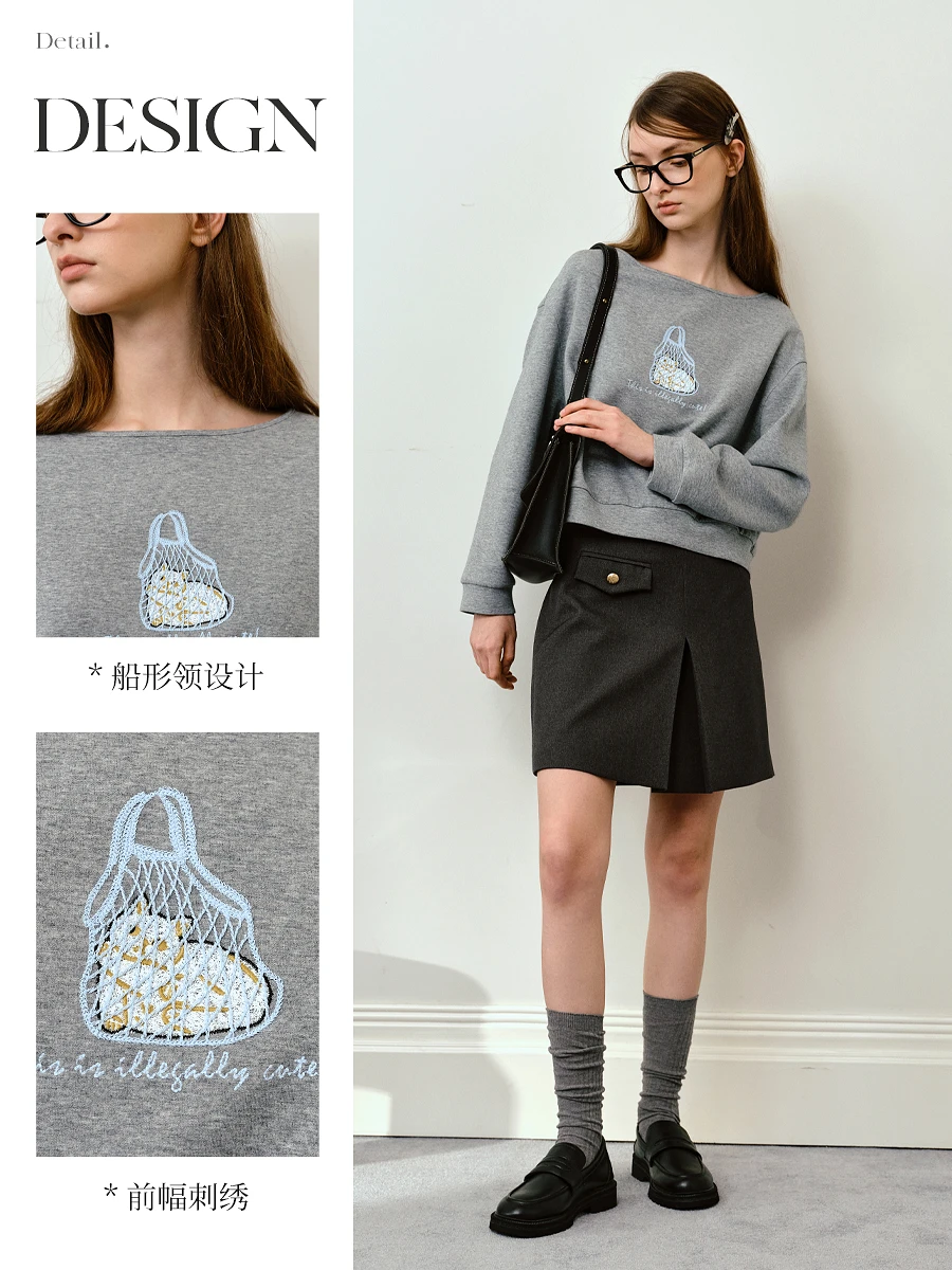 OLrain レディース 2025 秋 スウェットシャツ 新作 カジュアル 無地 クルーネック ショート丈セーター 刺繍柄 長袖 トップス M57QR000131