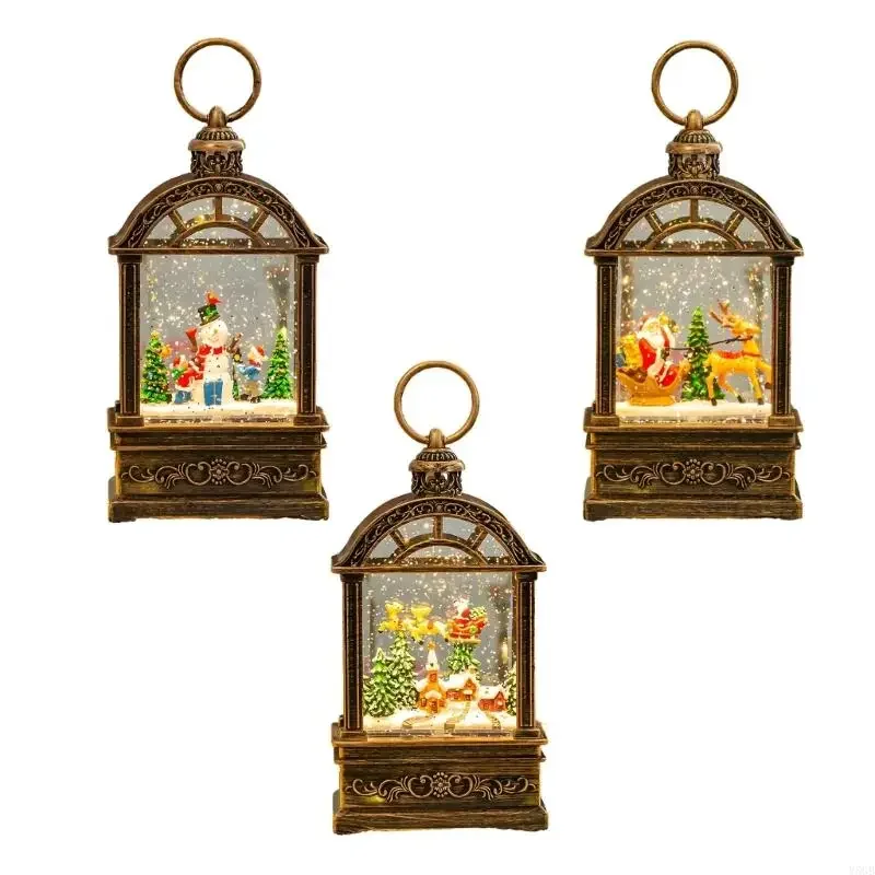 Lighted Christmas Snow Lantern Decors With Water Swirling Glittering Effect, PVC Holiday Tabletop Lantern for Mantels Y5GB