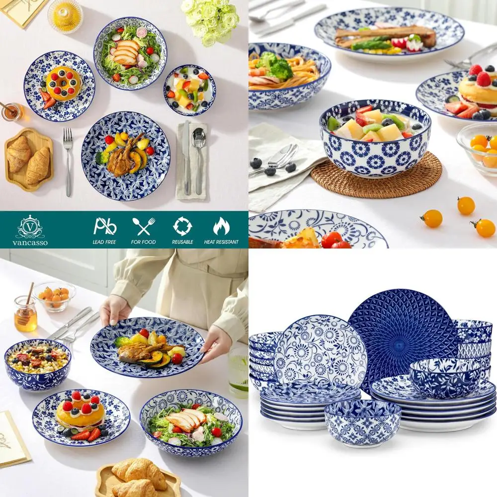 Juego de vajilla de porcelana azul de 6 piezas, apto para microondas y lavavajillas, servicio para 6