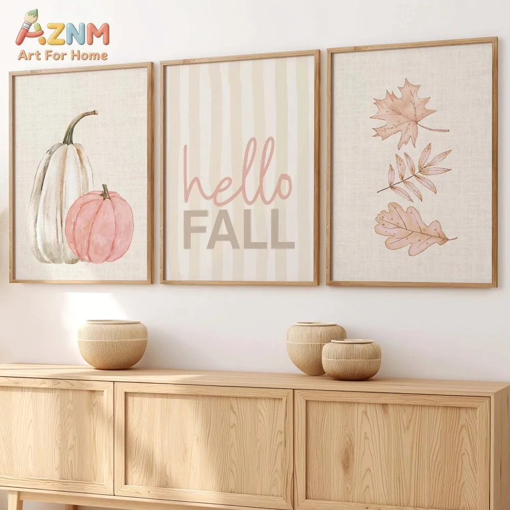 AZNM 3Pcs Soft Pink Hello Fall Canvas Wall Art, Watercolor Pastel Pumpkin Maple Leaf Print Frameless Canvas Painting, Neutra