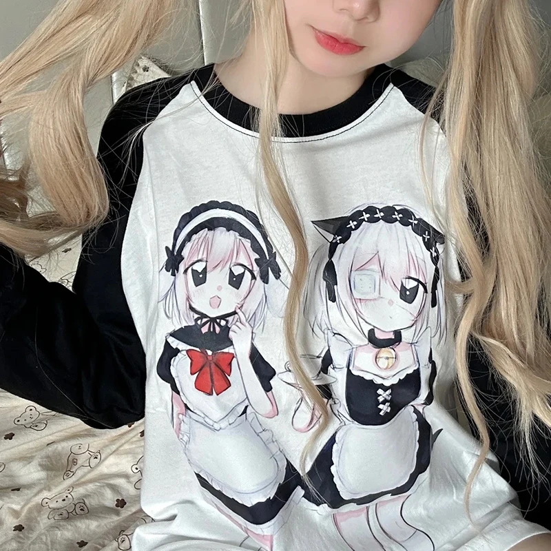 Japanese Subculture Sweet Y2k Long Shirt Anime Print Long Sleeve Top Casual Women Loose Harajuku Black White Patchwork Hoodie