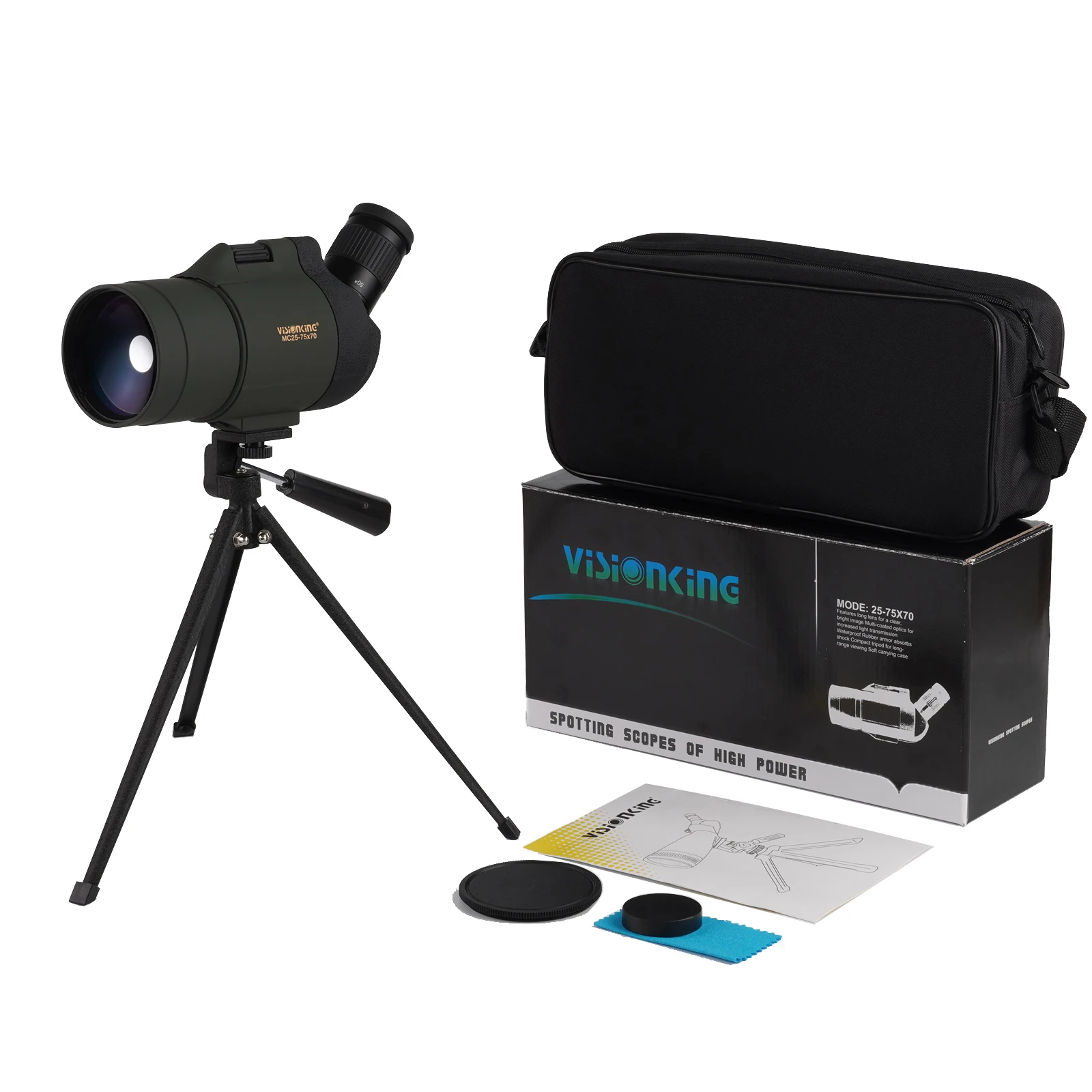 Visionking 25-75x70 impermeable telescopio profesional de caza de aves Bak4 gran visión del telescopio Monocular con trípode