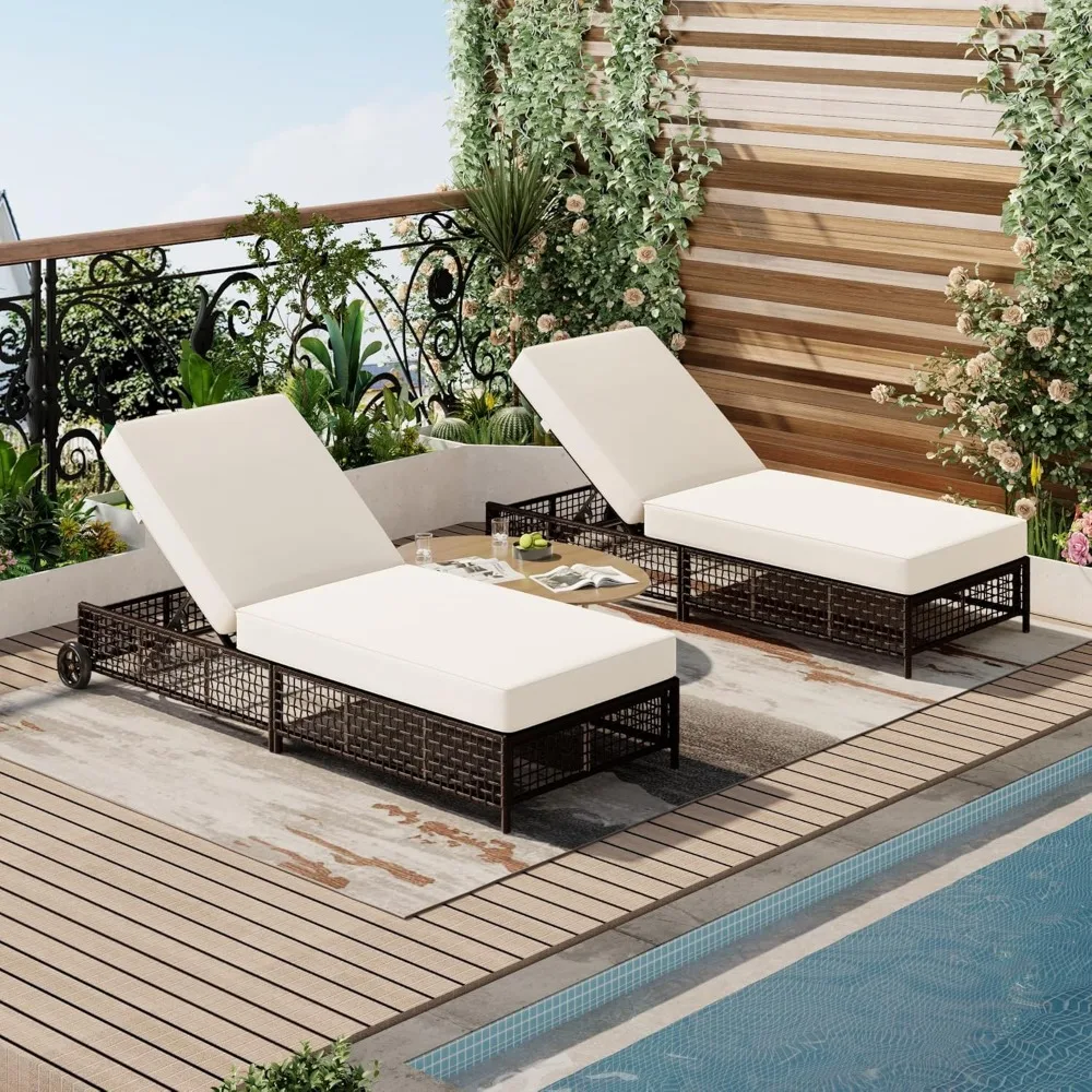 Outdoor Lounge Chair of 2, Patio Chaise Lounge with 5-Position Adjustable Backrest, Rattan Outdoor Lounge Sofa Chair with Cushio