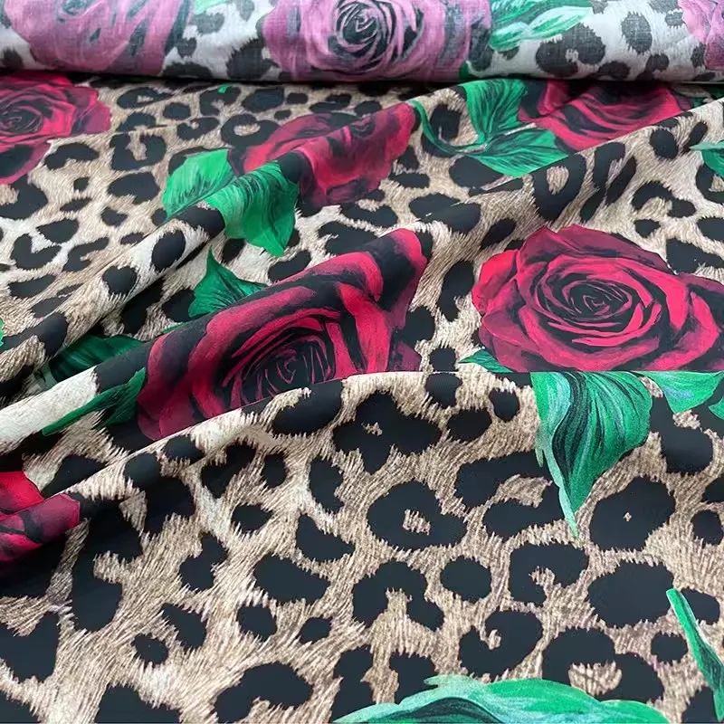 European And American Fashion Show Leopard Rose Flower Printed Cotton Fabric For Women Dress Blouse DIY Cloth Sewing