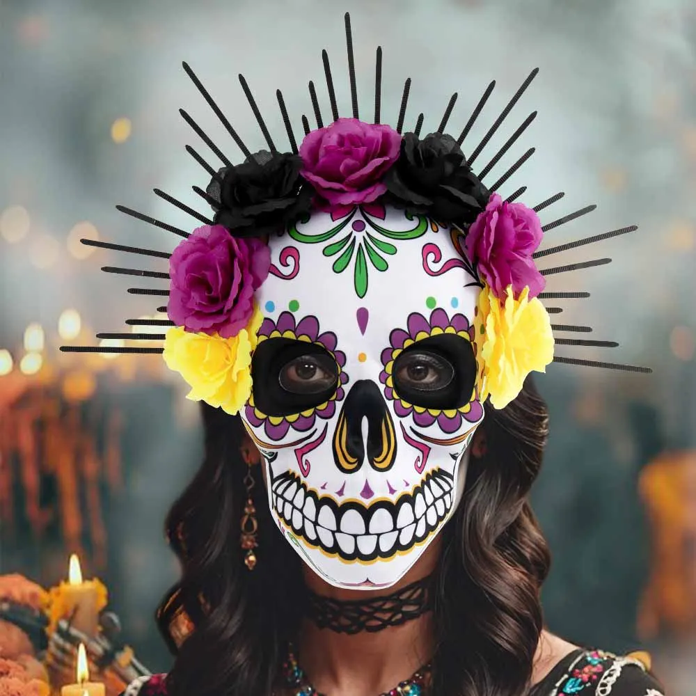 Máscara de Calavera de Azúcar, Corona de Flores, Tocado con Púas, Accesorio de Disfraz para el Día de los Muertos, Halloween, Festival, Cosplay, Fiesta, para Mujeres Adultas, Regalo