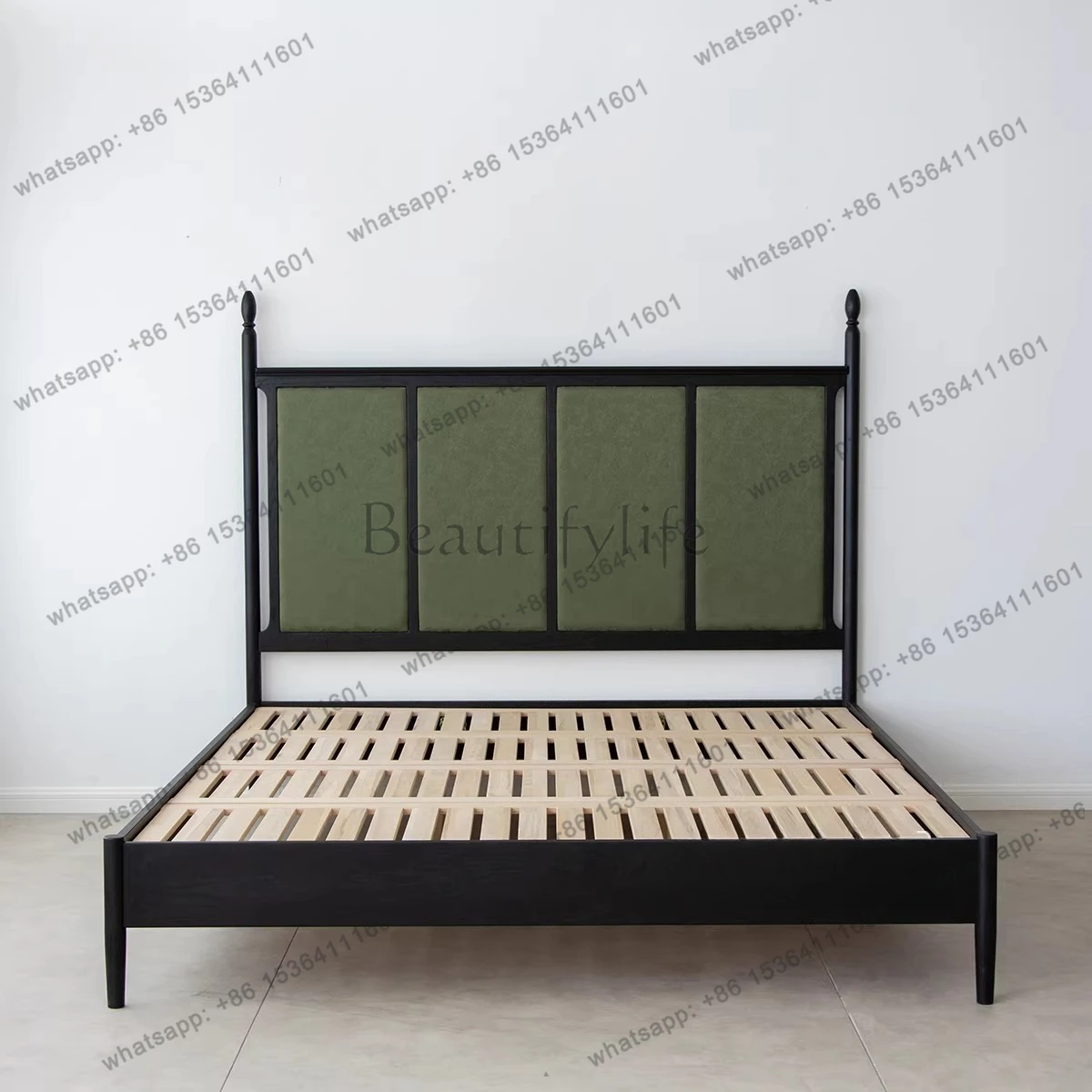 

French medieval screen bed New Chinese solid wood 1.8 meters black fabric soft bag bed