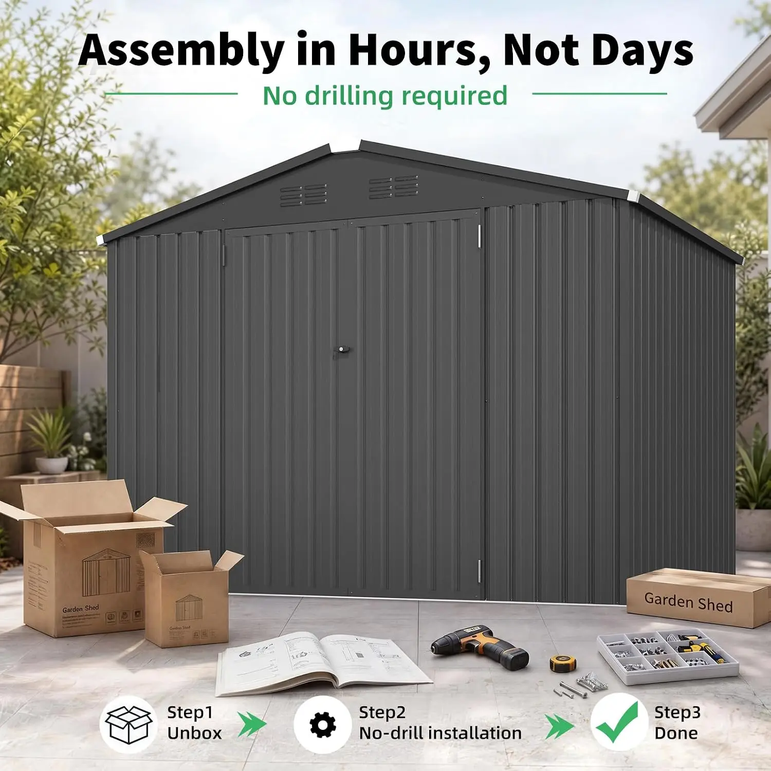 6' x 8' Outdoor Metal Storage Shed, Heavy Duty Outside Tool Storage Shed with Lockable Double Hinged Door, Waterproof, Custom