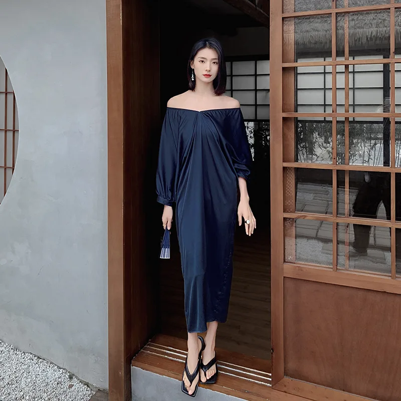 

Spring New Style Nightdress Ladies Satin Silk Slash Neck Skirt Dress Loose Long Homewear Sweet And Cute Backlace Home Dress