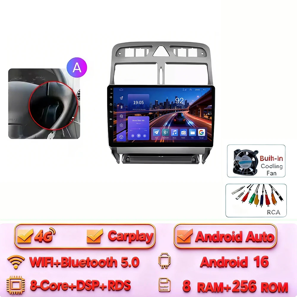 Android 16 Carplay Android Auto 2din Autoradio voor Peugeot 307 307CC 307 SW 2004-2013 4G WIFI GPS DSP BT Touchscreen Multimedia