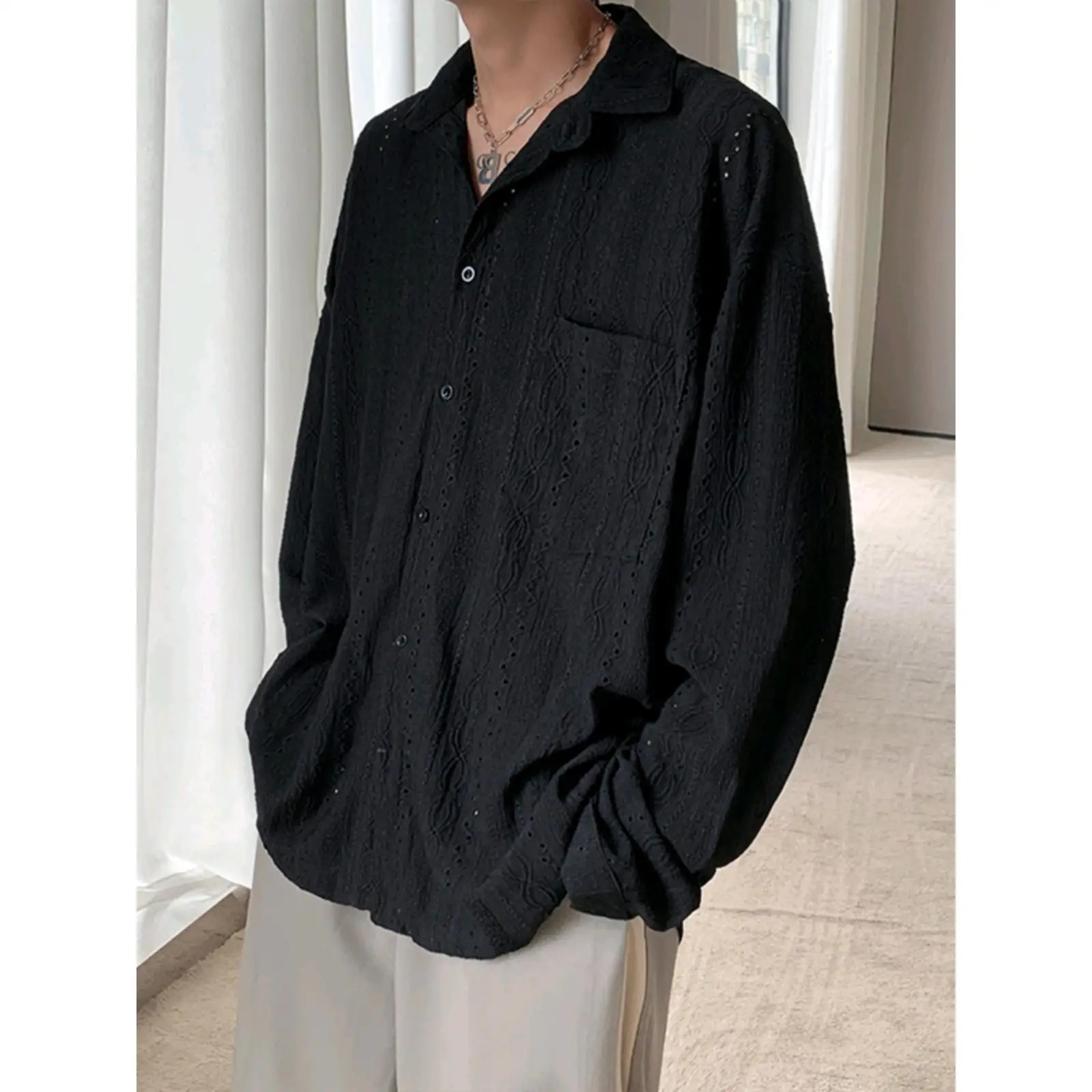 New Fashion Men's Apricot Black Solid Color Long Sleeve Cuban Collar Single-breasted Loose Hollowed Out Shirts Male Clothes Tops