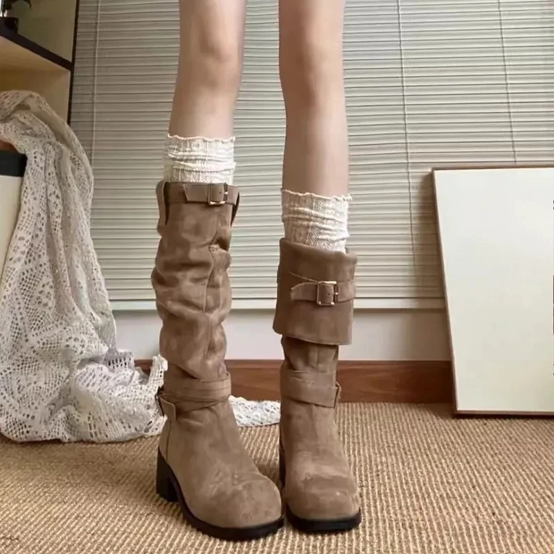 

High Quality Vintage Stacked Boots Western Cowboy Boots Summer New High Boot Autumn Elegant Minimalist Round Head Long Boots