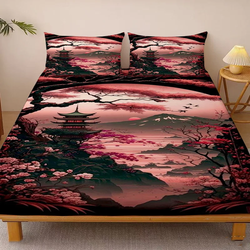 Elegant Japanese-style landscape painting with red clouds and cherry blossoms, fitted sheet mattress protector, elastic fitted sheet, protective cover, mattress protector, fitted sheet bedding, Christmas-themed bedding, modern tech-inspired cool car mattress protector