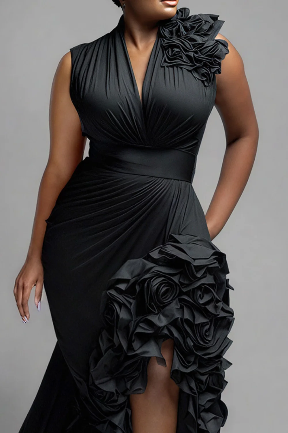 Plus Size Formal Black V Neck Split Elegant Ruffle Maxi Dresses