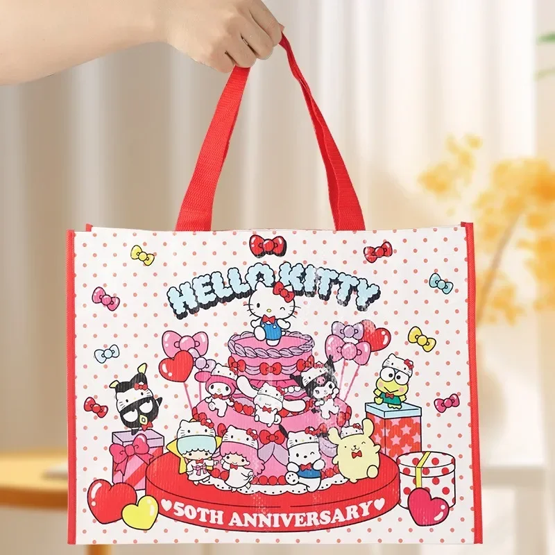 Anime Sanrios HelloKittys 50th Anniversary Cartoon Cute Hand Shopping Bag Kawaii Environmentally Friendly Plastic Woven Bag Gift