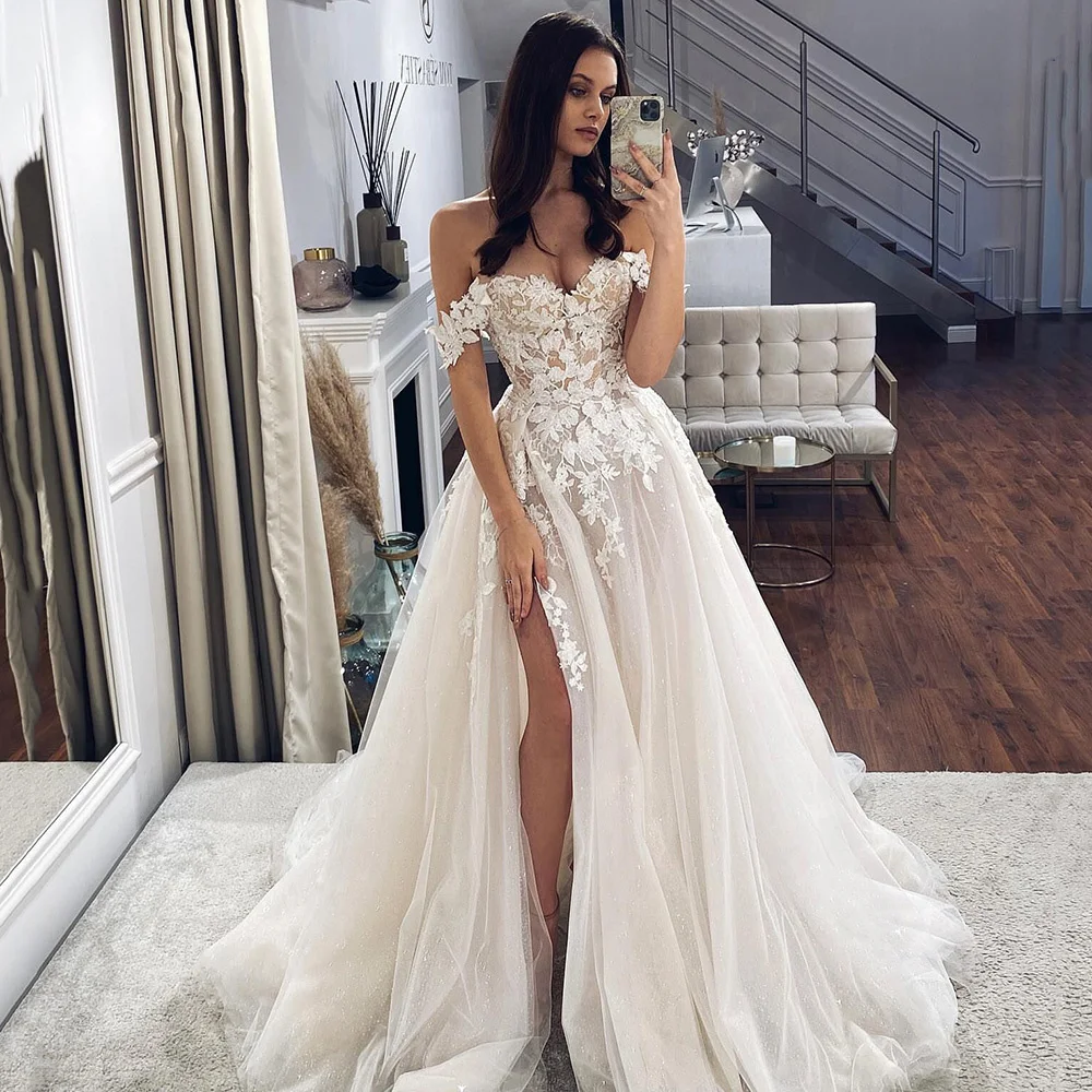 

Vestido de Noiva 2023 Vintage Boho Wedding Dress Split Side Lace Wedding Gowns Off Shoulder Corset Back Bride Dresses Glitter