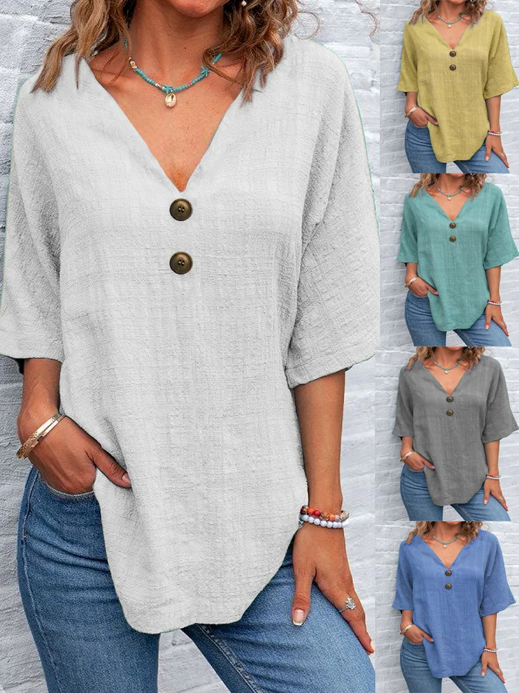 Fashion V Neck Solid Colors Linen Cotton Blouse Button Detail 3/4 Sleeve Casual Loose Tunic Shirt for Woman Clothing