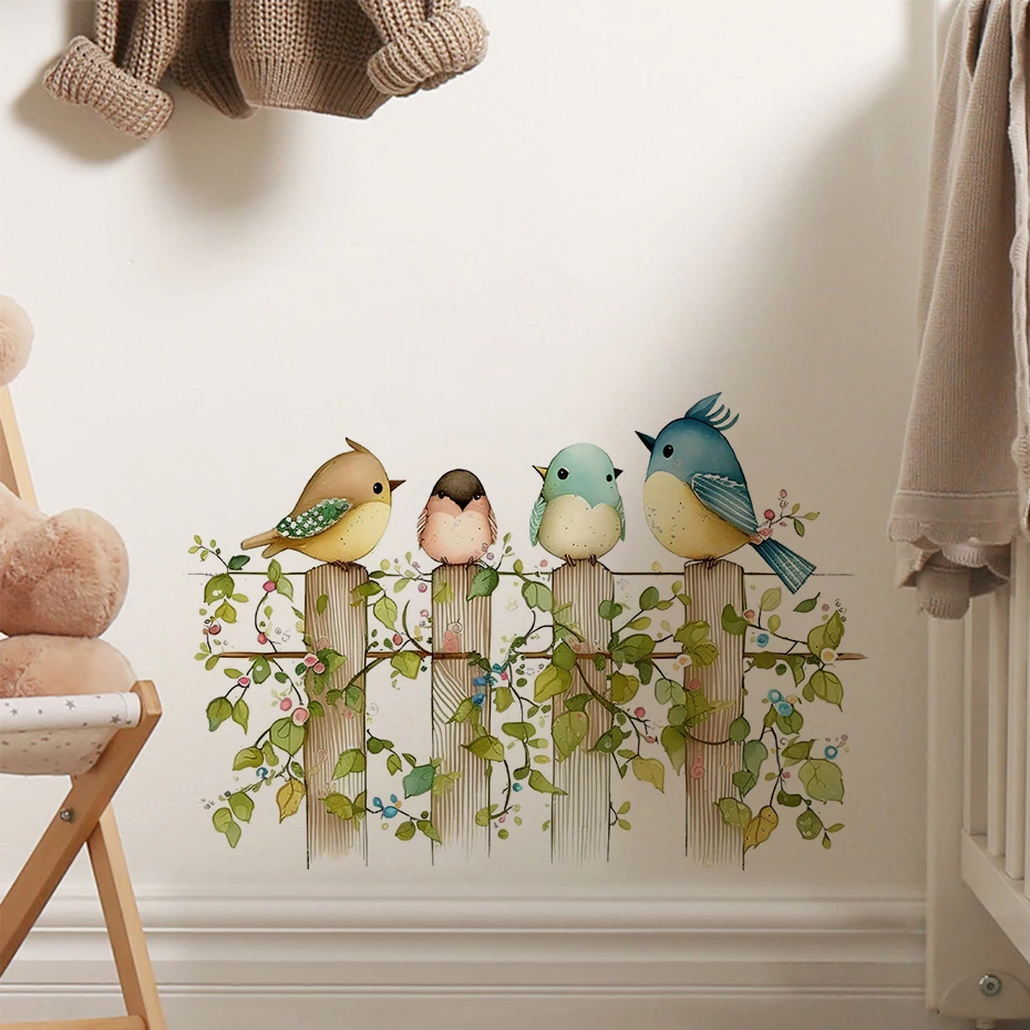 Cartoon Rattan Bird Wall Sticker Removable Nursery Wall Decals A Row of Birds Stand On Vine for Nursery Baby Bedroom Playroom