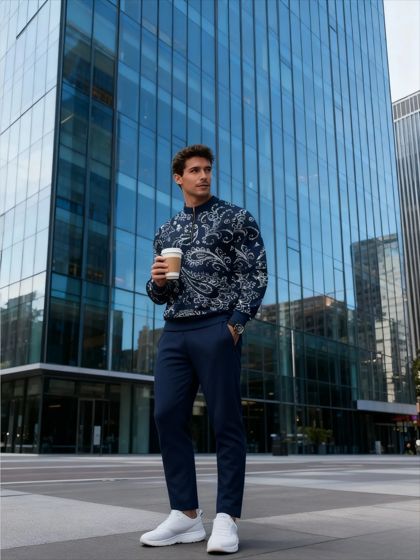 Set da 2 pezzi, top sportivo a maniche lunghe e pantaloni lunghi da uomo europei e americani alla moda