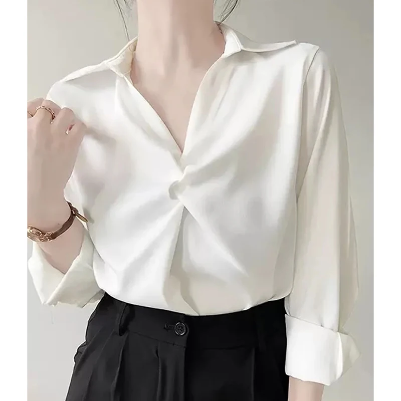 Chemisier drapé en Satin bleu pour femmes, Chic, col en V, manches longues, chemise plissée, élégant, bureau, résistant aux rides