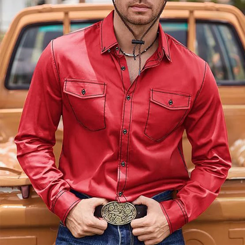 Vintage Patchwork Lapel Shirts Mens Cowboy Style Casual Long Sleeve Pockets Shirt Fall Classy Solid Color Men Shirt Streetwear