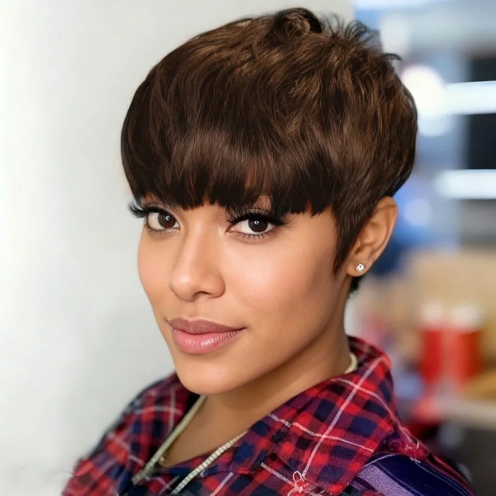 

Короткие парики из натуральных волос для ежедневного использования, натуральный вид, парик пикси, коричневый, плотность 150%, пикси, прямые машинные парики из человеческих волос для женщин