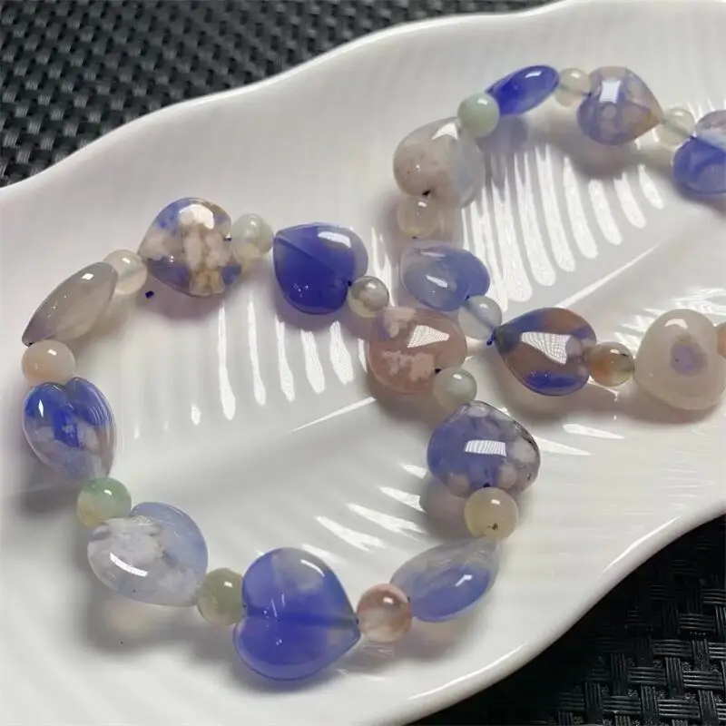 Natural Blue Flower Agate Heart Bracelet Fashion Jewelry Healing Chakra Crystal Christmas Present 1PCS