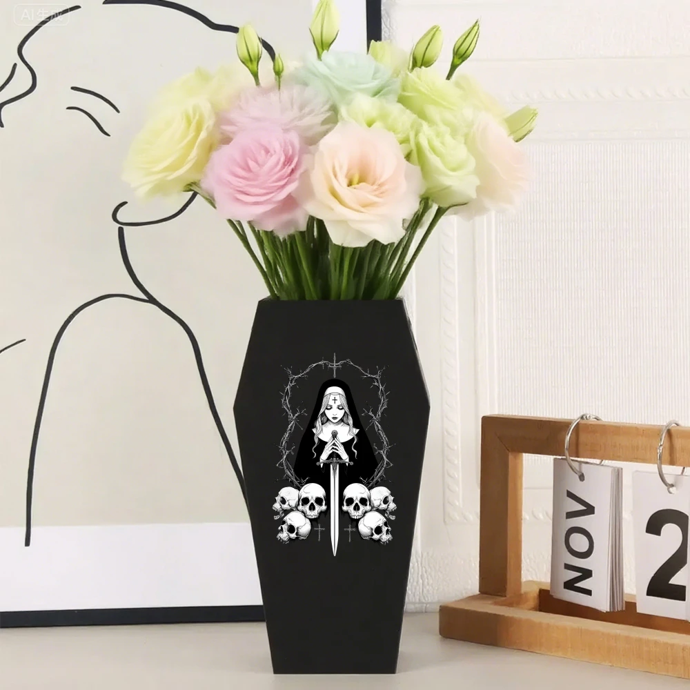 Grenzüberschreitende dunkle Nonne und Totenkopf-Sargförmige Vase für Gothic-Mystical-Style-Desktop-Dekorationsszenario