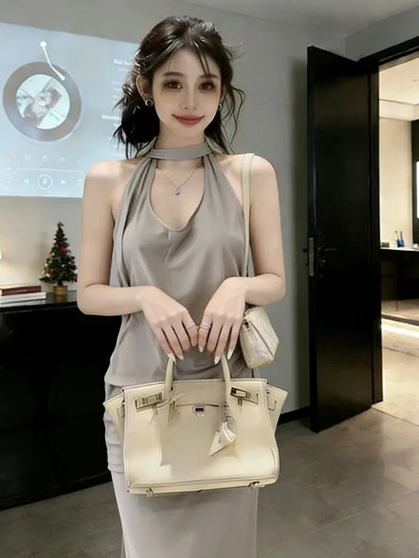 

Retro Korean Sle Knitted Summer Vaion Outfit Slimming High Waist Skirt Set Ne Hanging Ba Exposure Top f Body Skirt