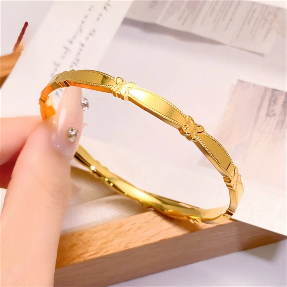 OUYADI 14K Gold Plated Stainless Steel Four Leaf Clover Solid Bangle, Retro Engraved Thin Luxury Women Jewelry Gift Wholesale